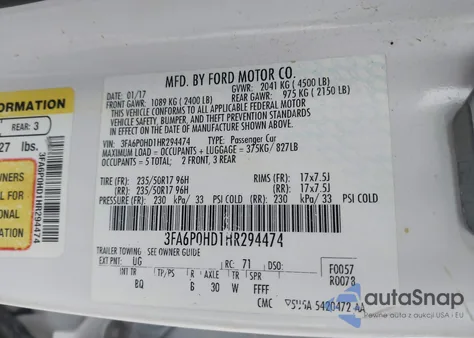 2017 Ford Fusion Se из США, поврежденный, VIN 3FA6P0HD1HR294474